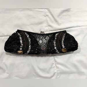 Vintage black silver and gold beaded evening clutch